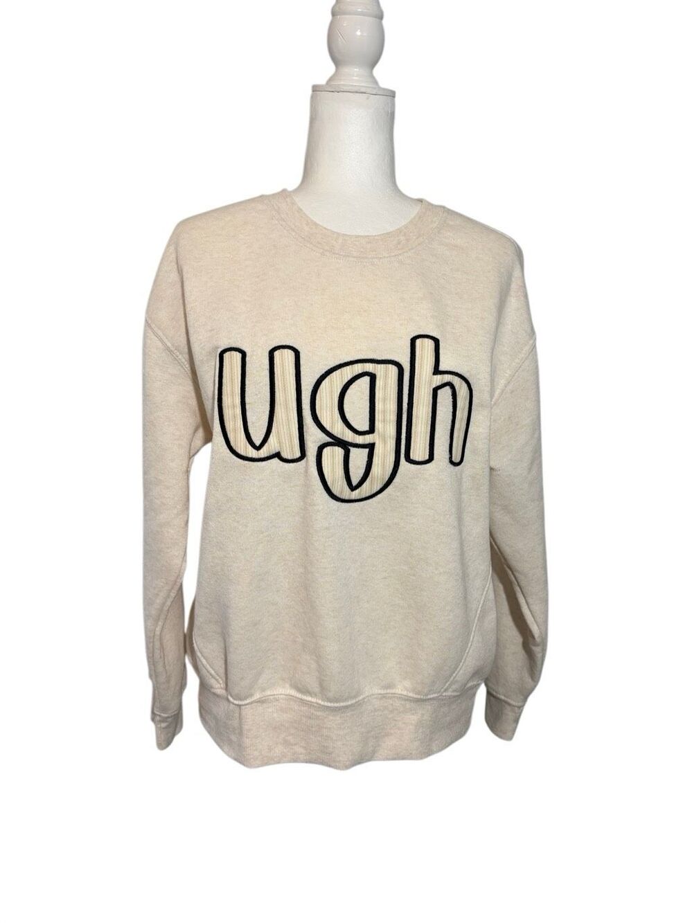 Custom embroidered “ugh” light tan crewneck sweatshirt - L